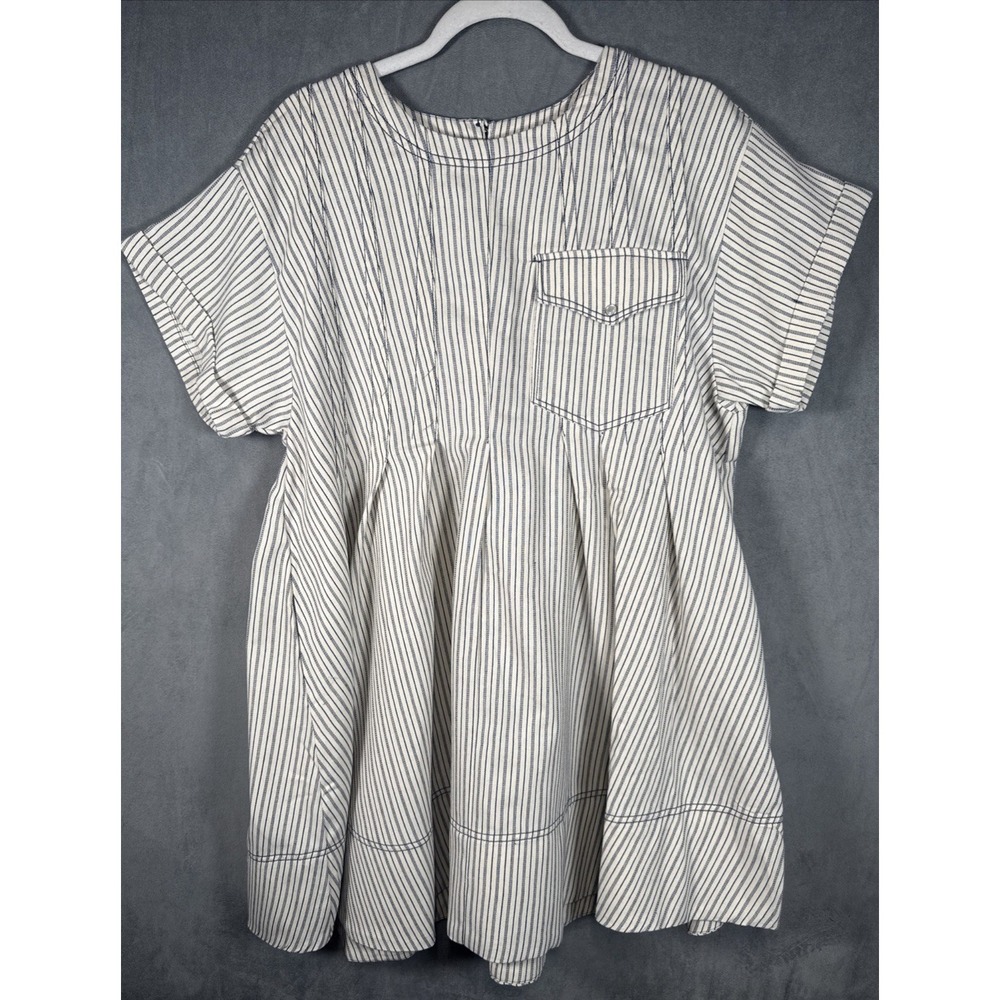 Anthropologie White & Navy Striped Short-Sleeve Peplum Dress